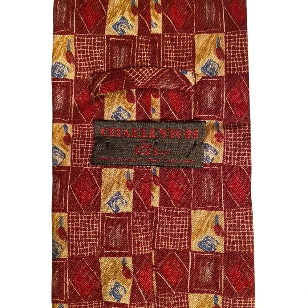 Chatterbox Joe Boxer Mens Silk Tie Geometric Grid Burgundy Gold Made in Italy